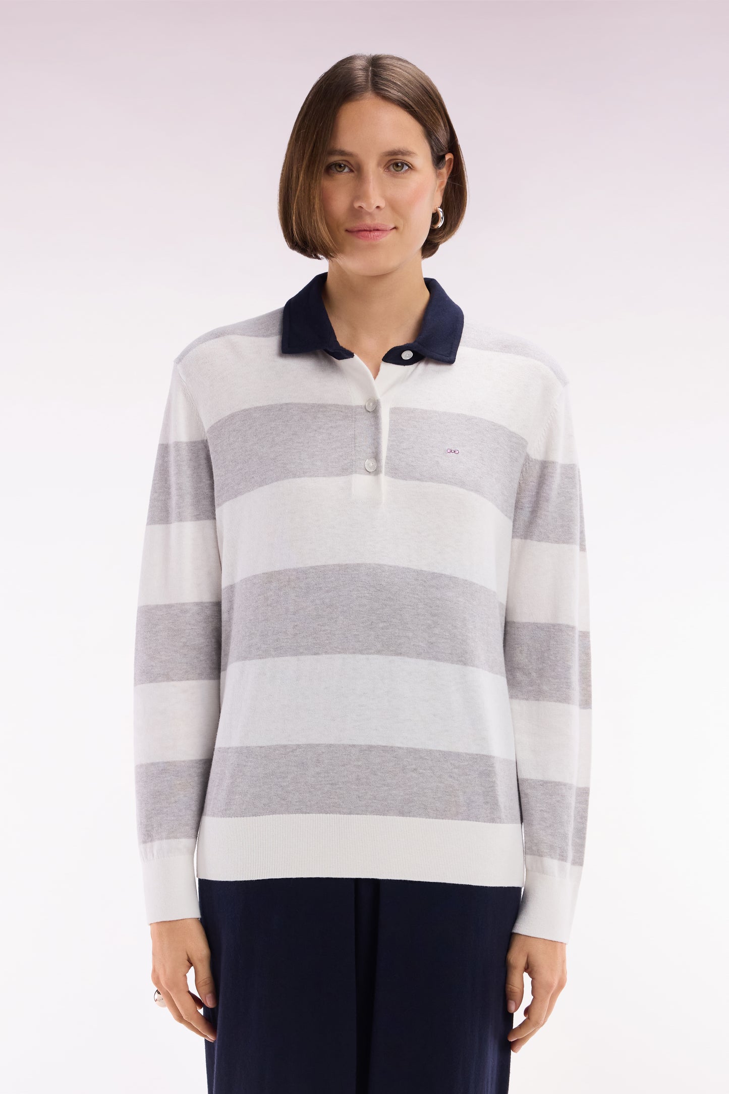 Relaxed-fit striped grey jumper with a rugby shirt collar in organic cotton and cashmere blend