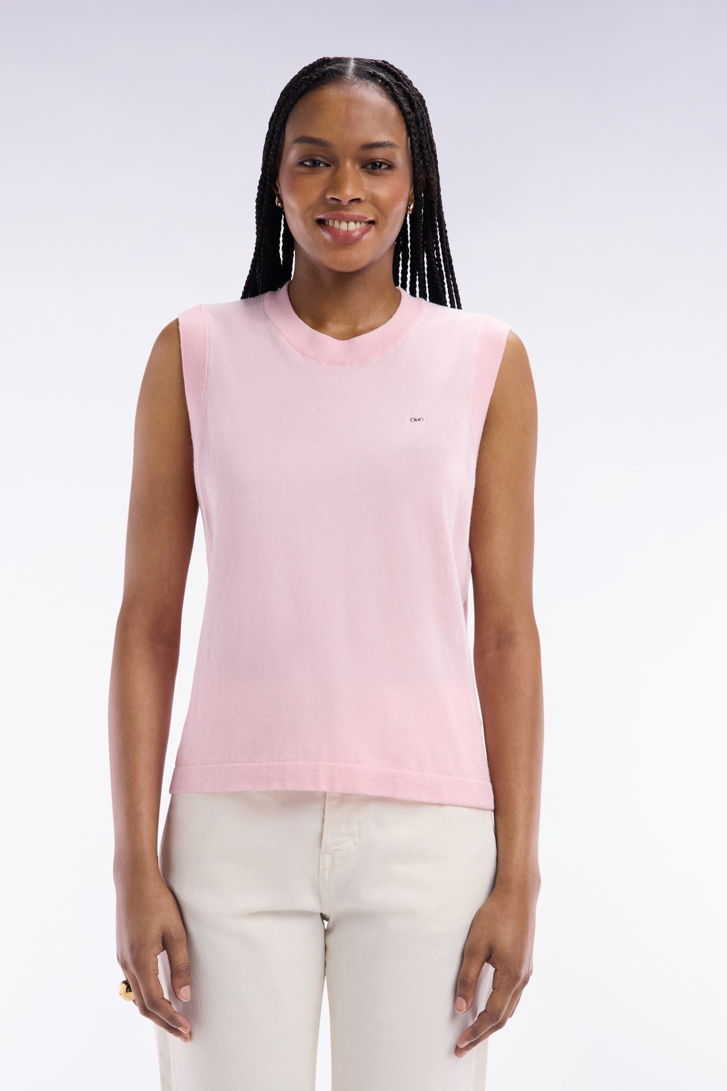 Relaxed-fit tank top jumper with round neck in pink cotton and silk thin blend