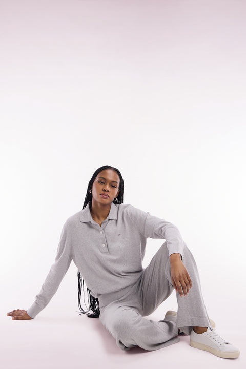 Relaxed-fit grey rugby shirt collar jumper in organic cotton and cashmere blend - Image 1