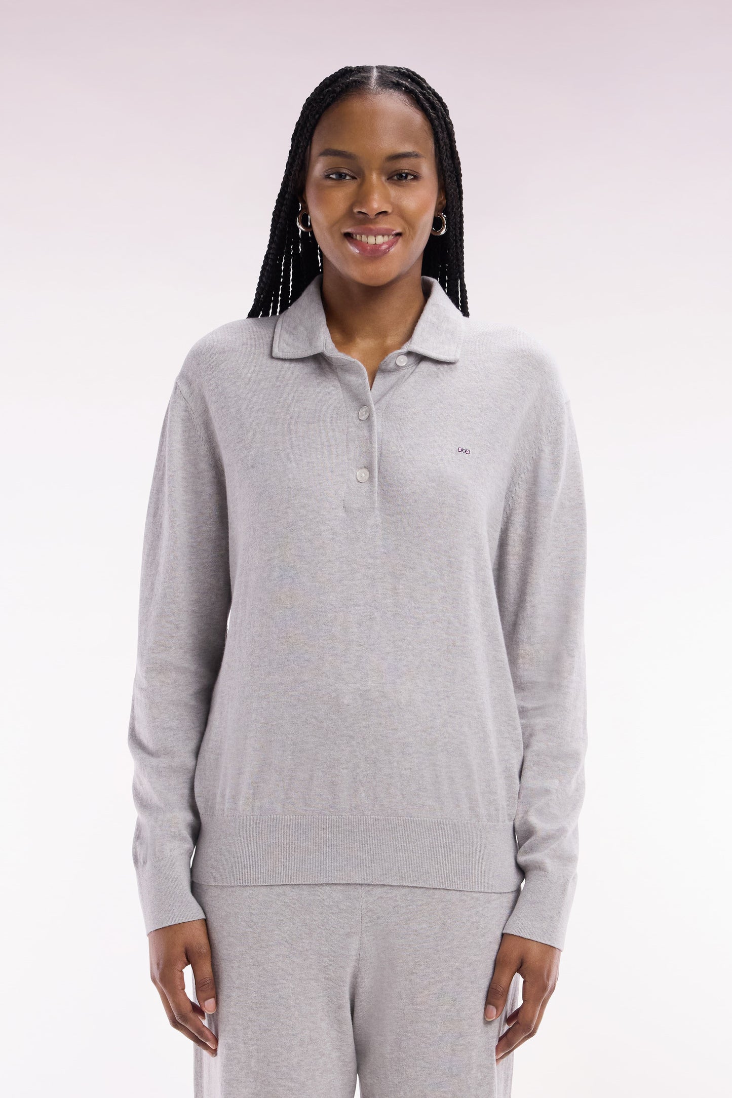 Relaxed-fit grey rugby shirt collar jumper in organic cotton and cashmere blend