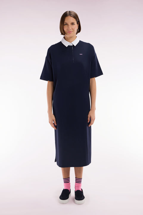 Navy Pima cotton jersey dress with white collar, relaxed fit - Image 3