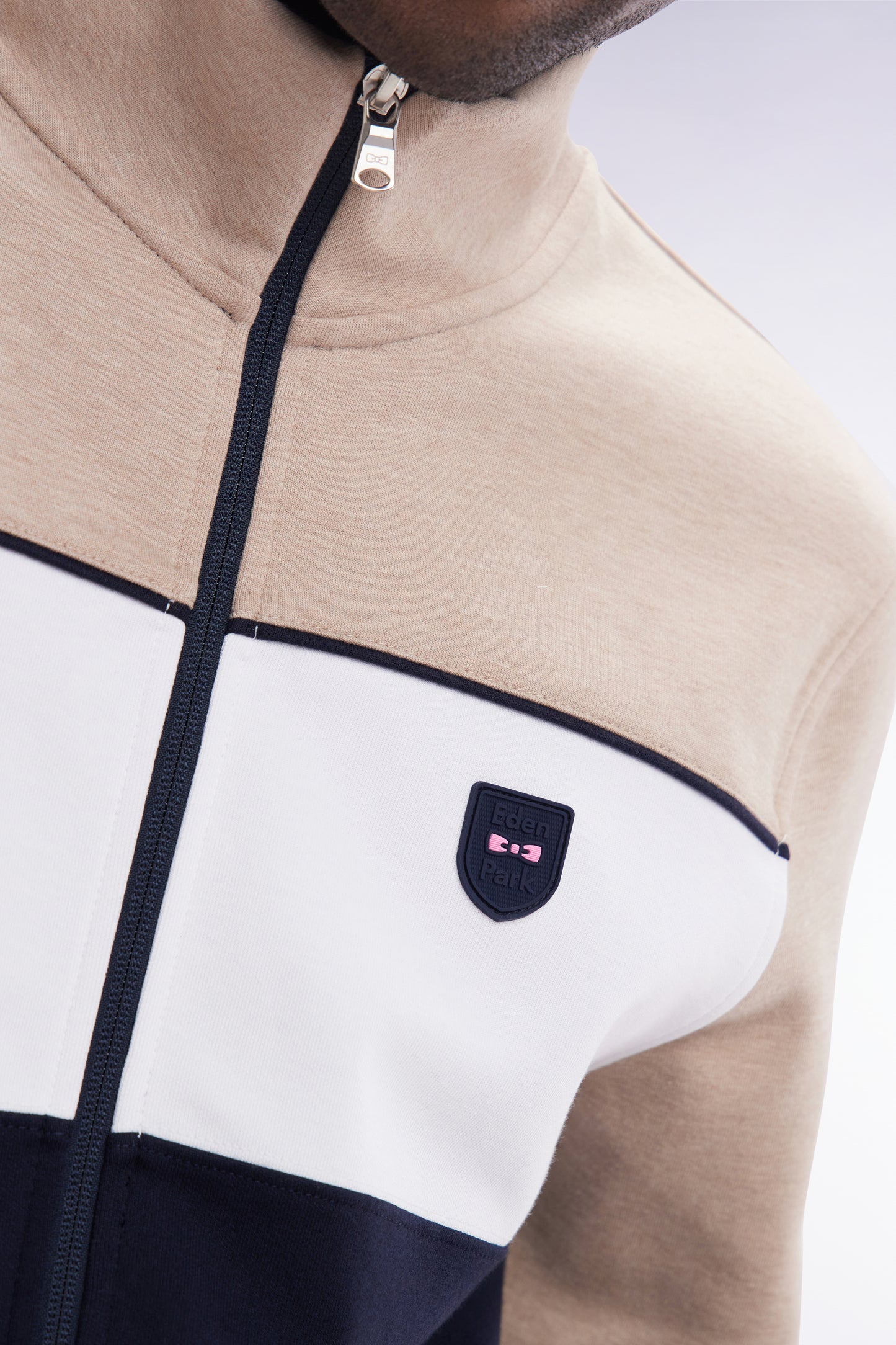 Straight-fit zip-up sweatshirt in beige cotton interlock