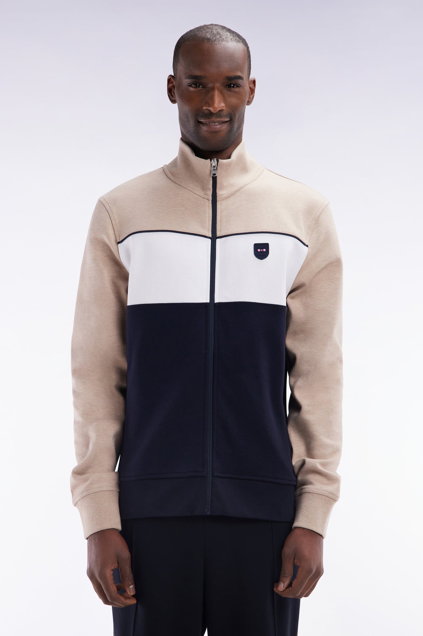 Straight-fit zip-up sweatshirt in beige cotton interlock