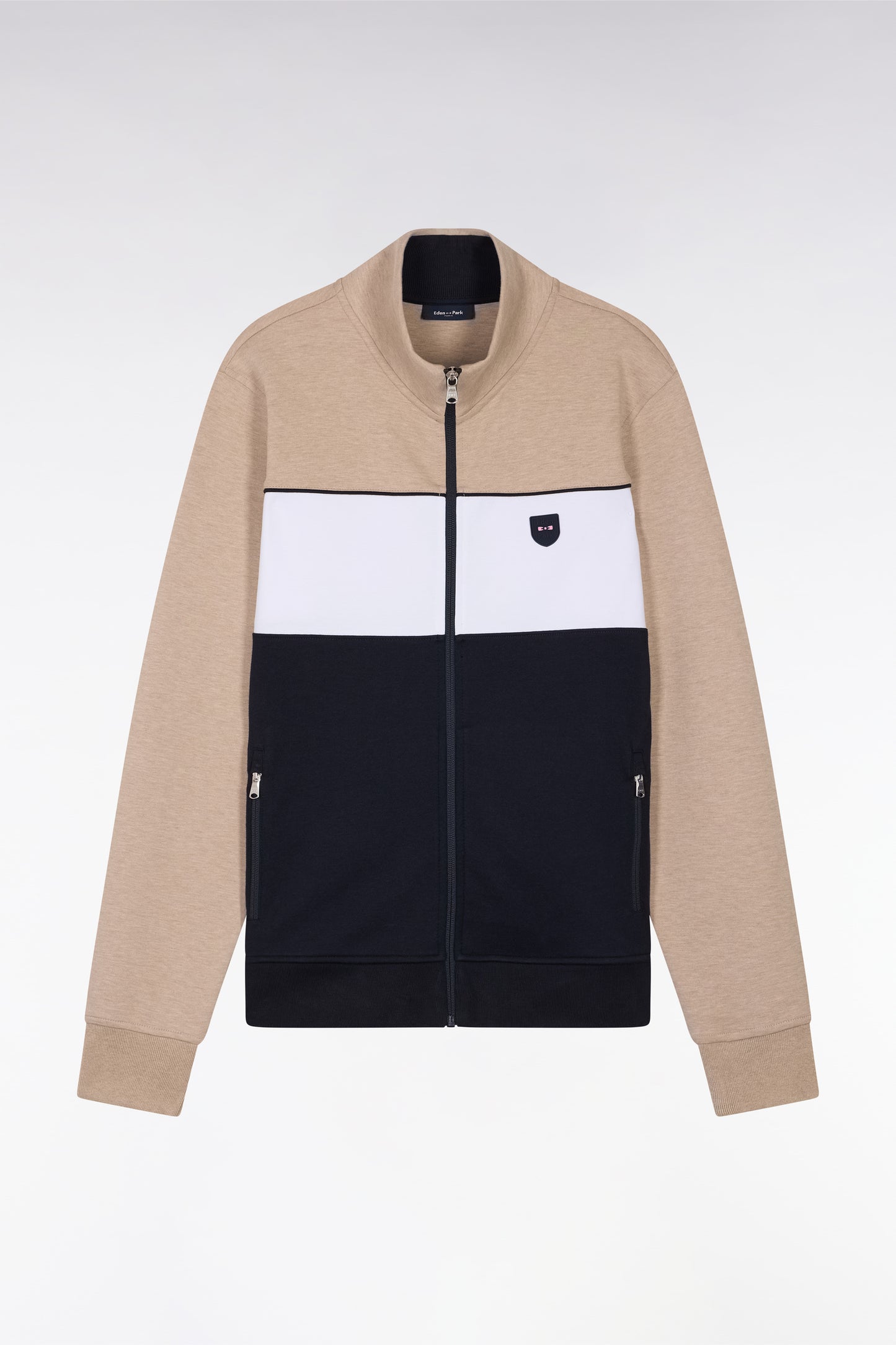 Straight-fit zip-up sweatshirt in beige cotton interlock