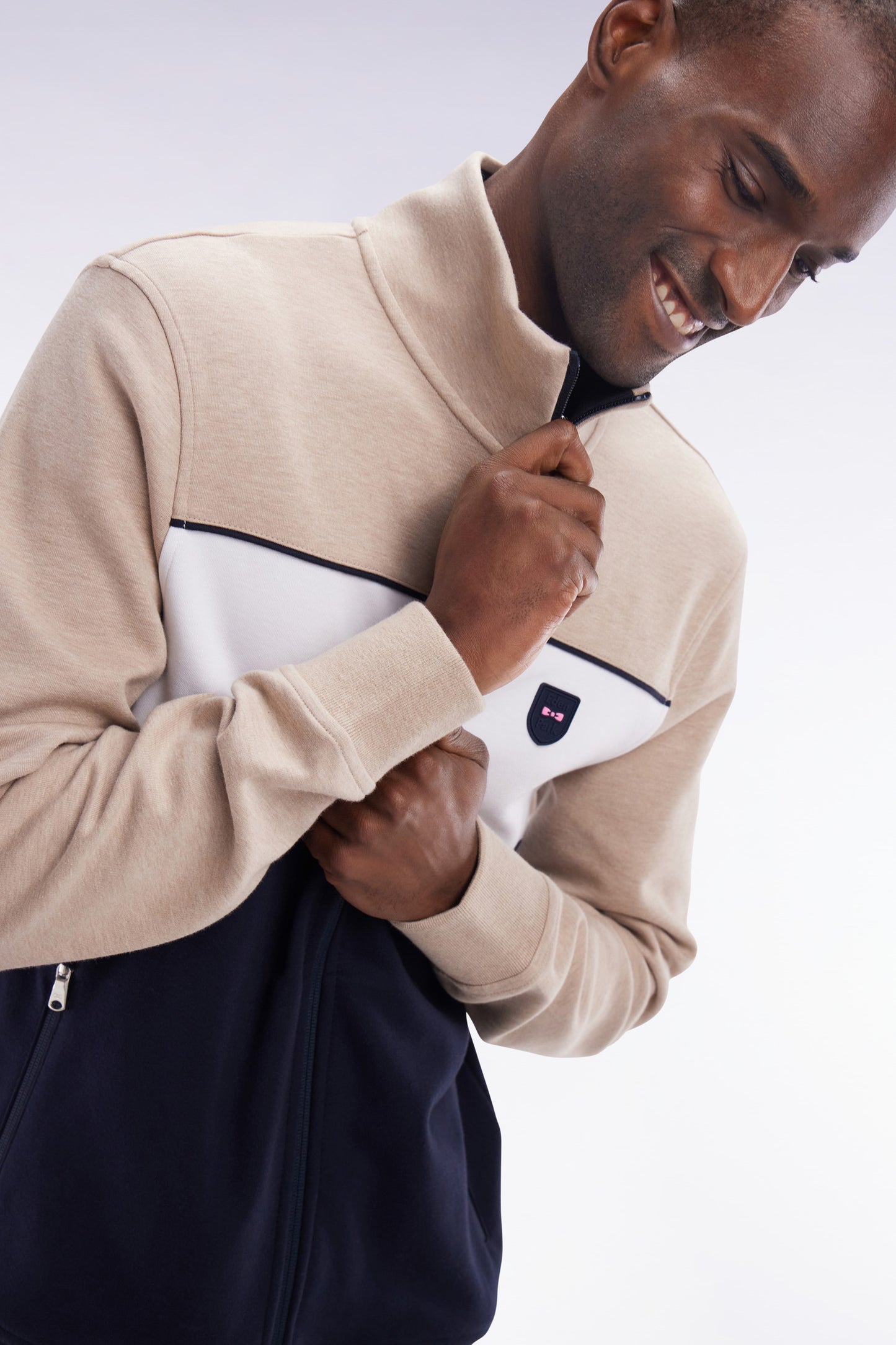 Straight-fit zip-up sweatshirt in beige cotton interlock