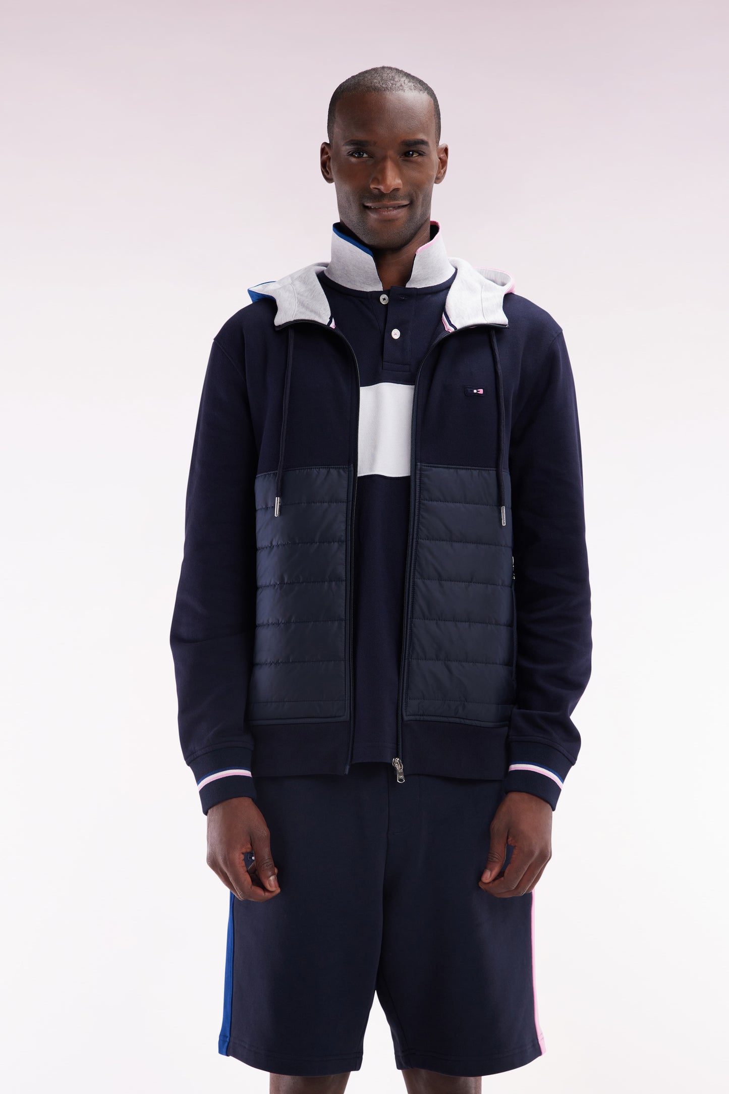 Straight-fit two-material zip-up sweatshirt in navy cotton fleece with quilted facing
