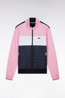 Straight-fit two-material zip-up sweatshirt in pink stretch cotton fleece with quilted facing