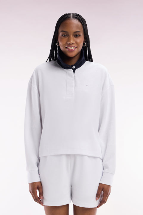 White cotton sweatshirt with navy rugby shirt collar - Image 3