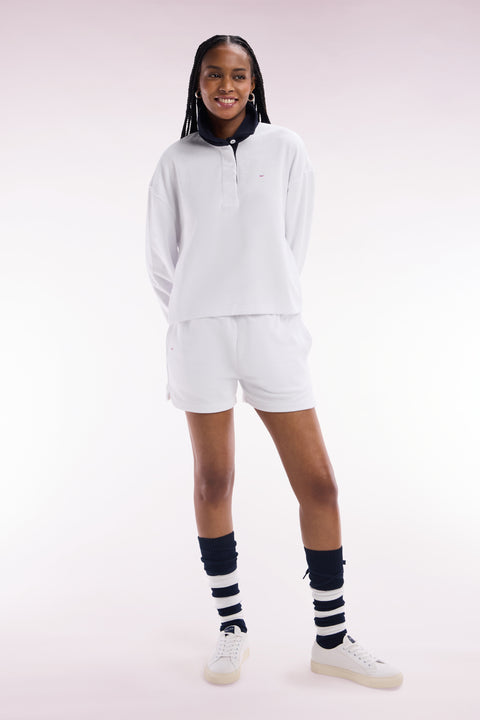 White cotton sweatshirt with navy rugby shirt collar - Image 1