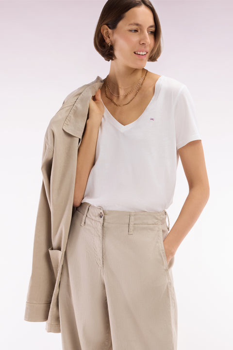 V-neck T-shirt in lightweight white Pima cotton jersey, straight cut - Image 1