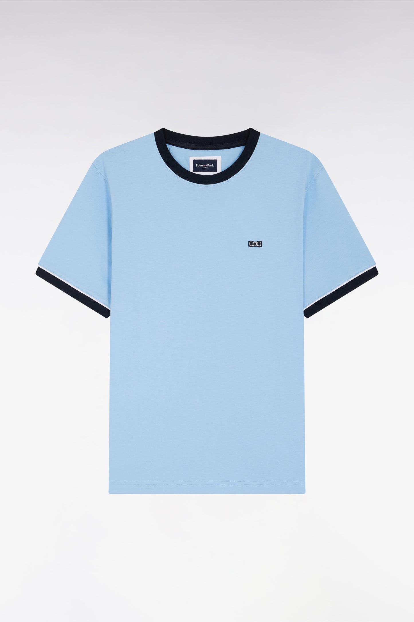 Sky cotton T-shirt with embroidery and bow tie badge, straight cut