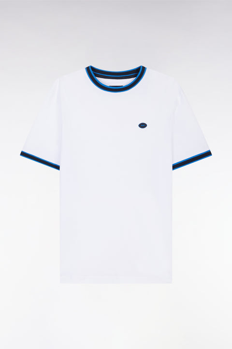 White cotton T-shirt with blue ribbing, relaxed fit - Image 2