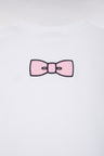 White cotton T-shirt with bow tie in back, straight cut