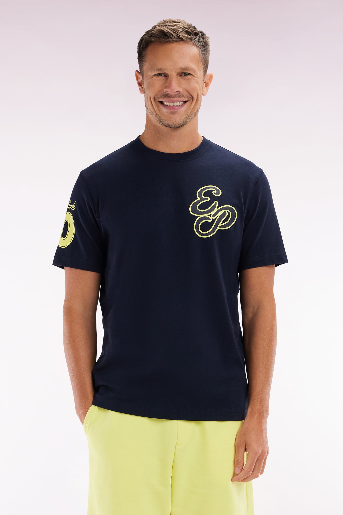 T-shirt in cotton navy yellow embroidery casual cut