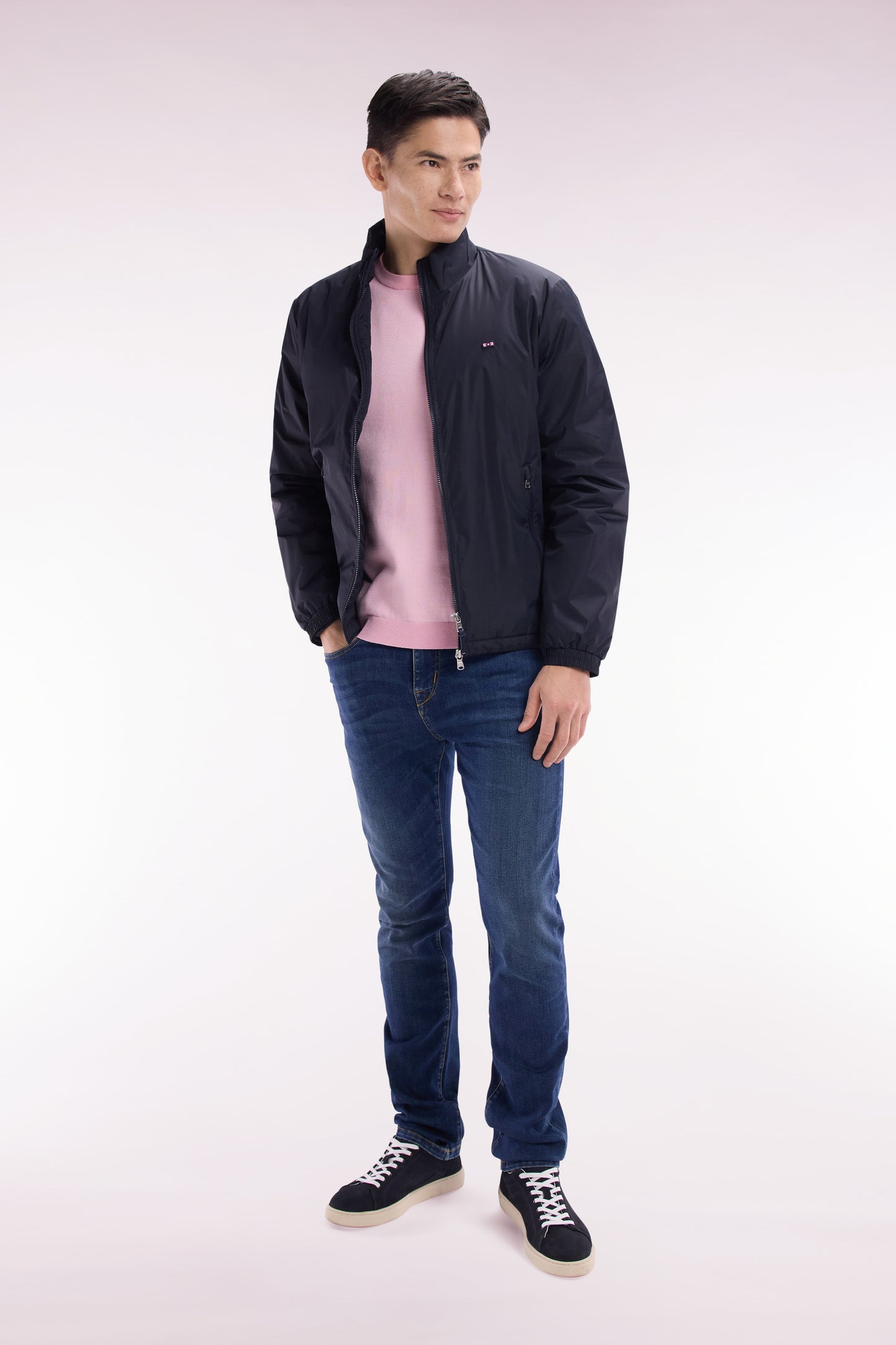 Windproof jacket in embroidered navy matte polyamide