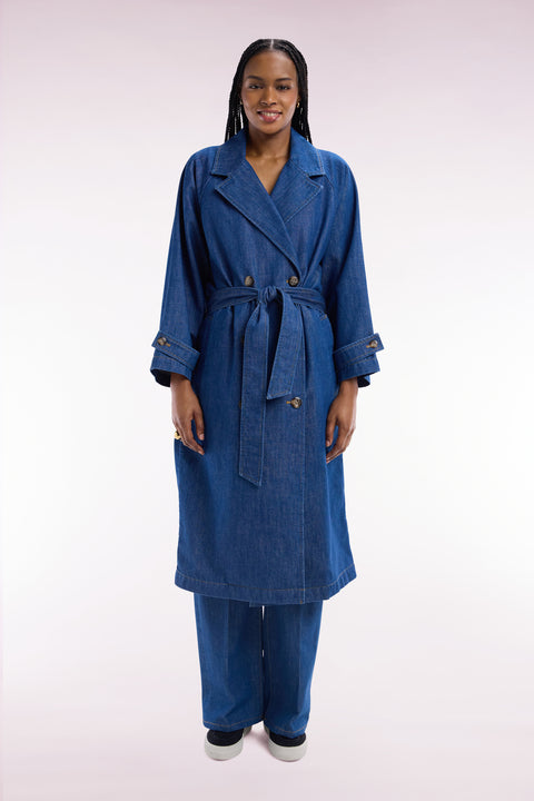 Oversized blue denim trench coat - Image 3