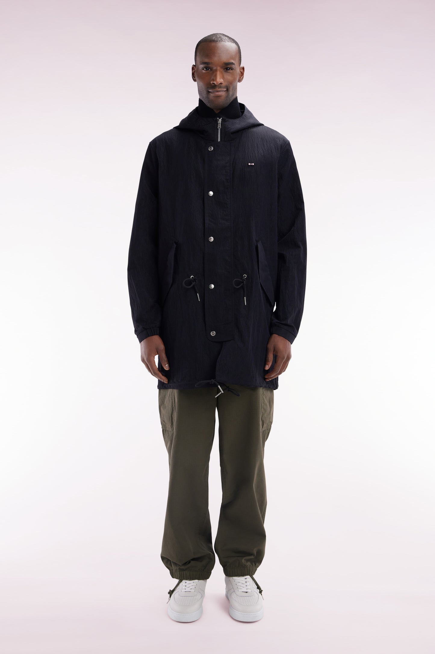 Lightweight black parka with integrated hood