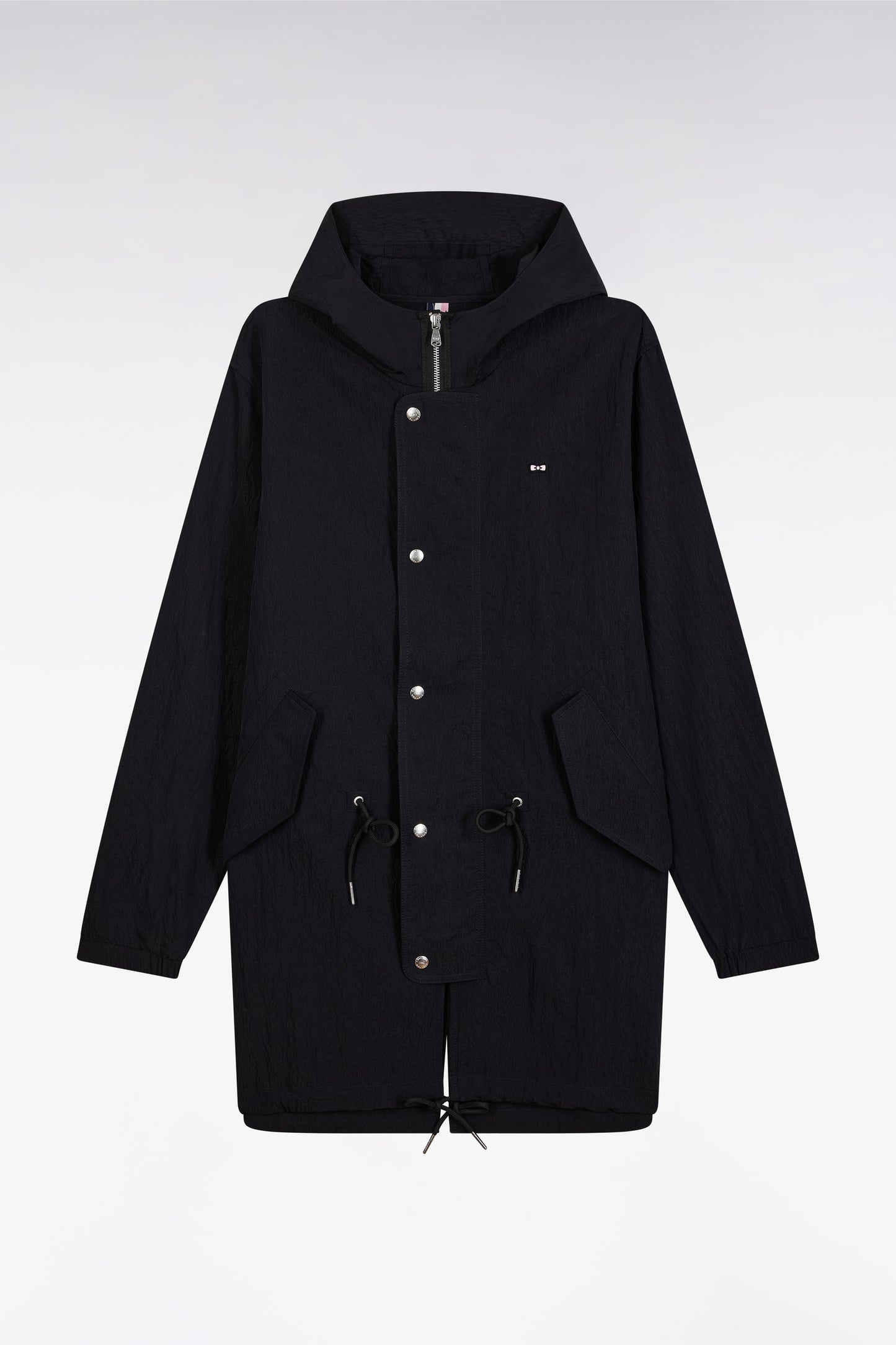 Lightweight black parka with integrated hood