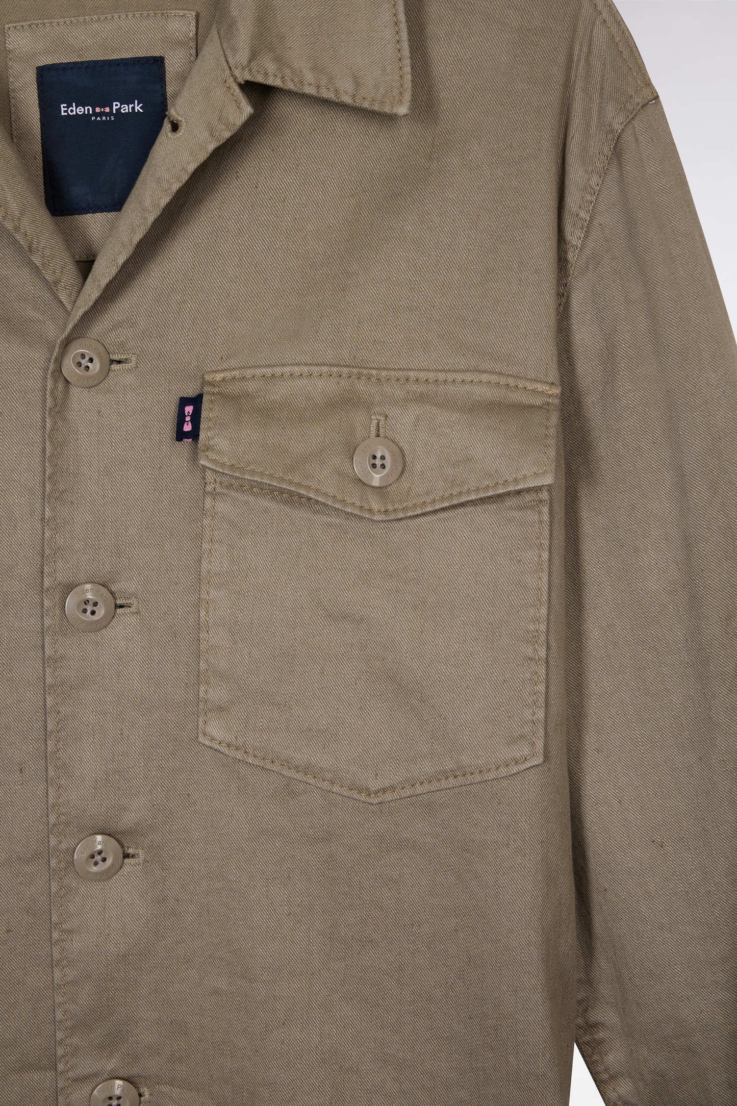 Overshirt with patch pockets in sand stretch linen and cotton