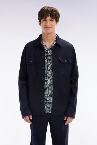Overshirt with patch pockets in navy stretch linen and cotton
