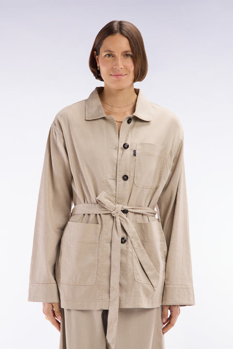 Oversized belted beige overshirt in linen and stretch cotton - Image 3