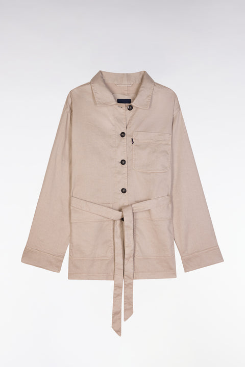 Oversized belted beige overshirt in linen and stretch cotton - Image 2