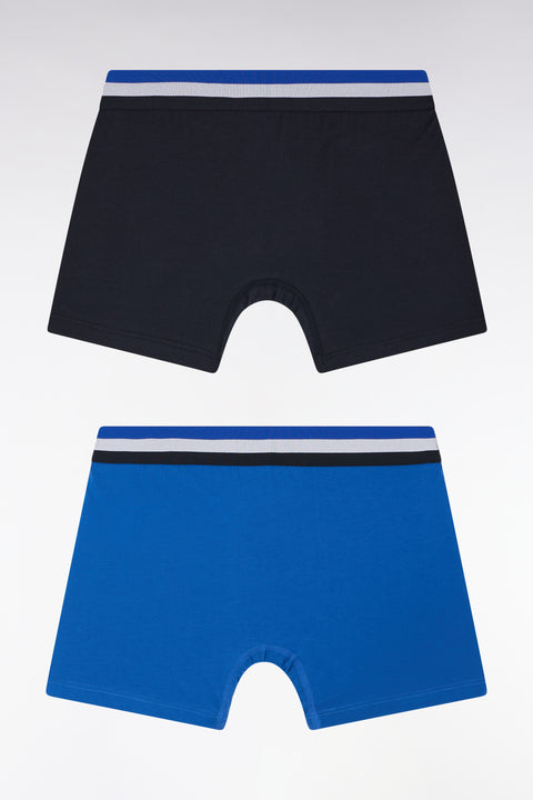 Set of two plain stretch cotton jersey boxers with navy and blue three-tone elastic waistband - Image 2