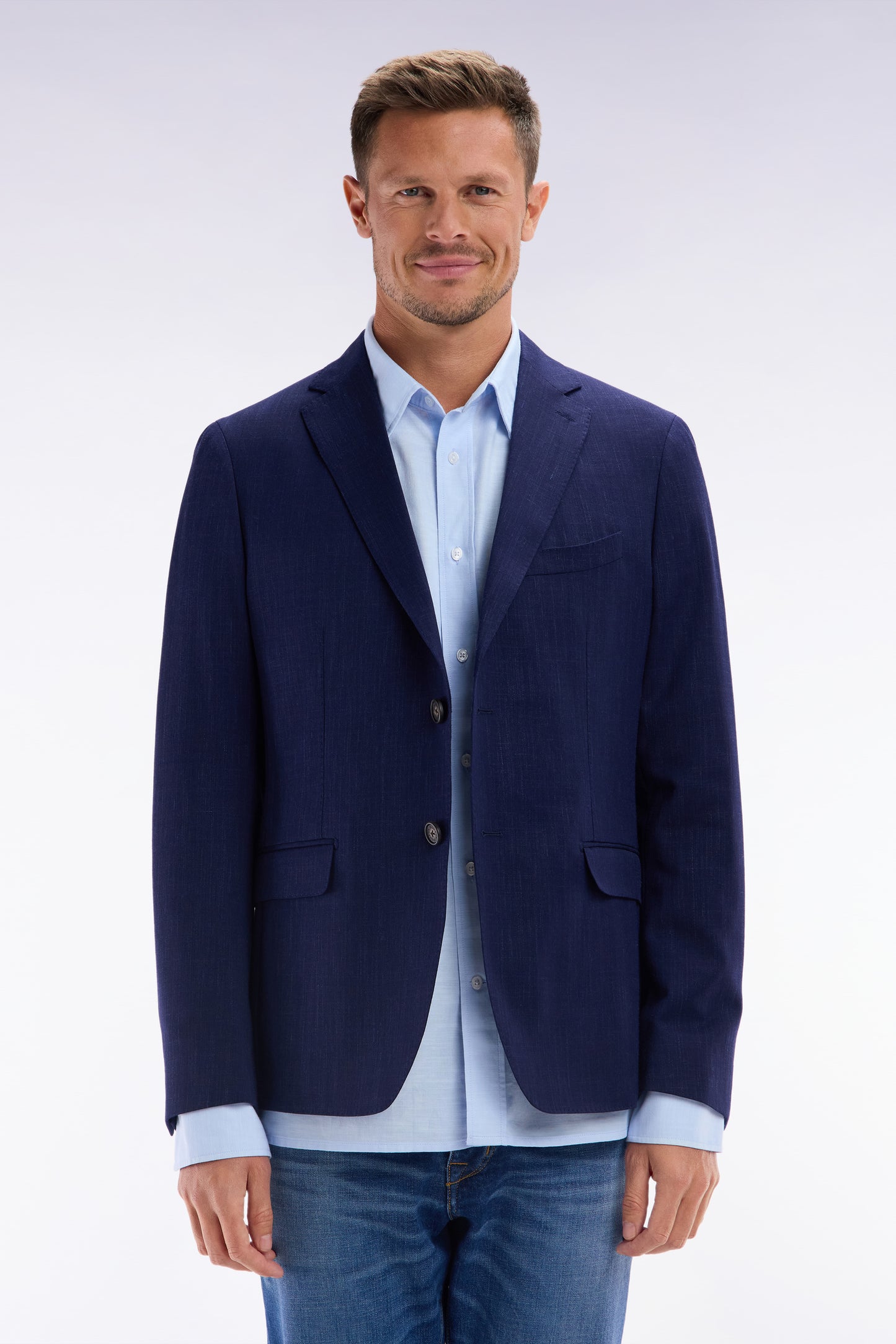 Navy jacket in wool and stretch linen dyed yarn