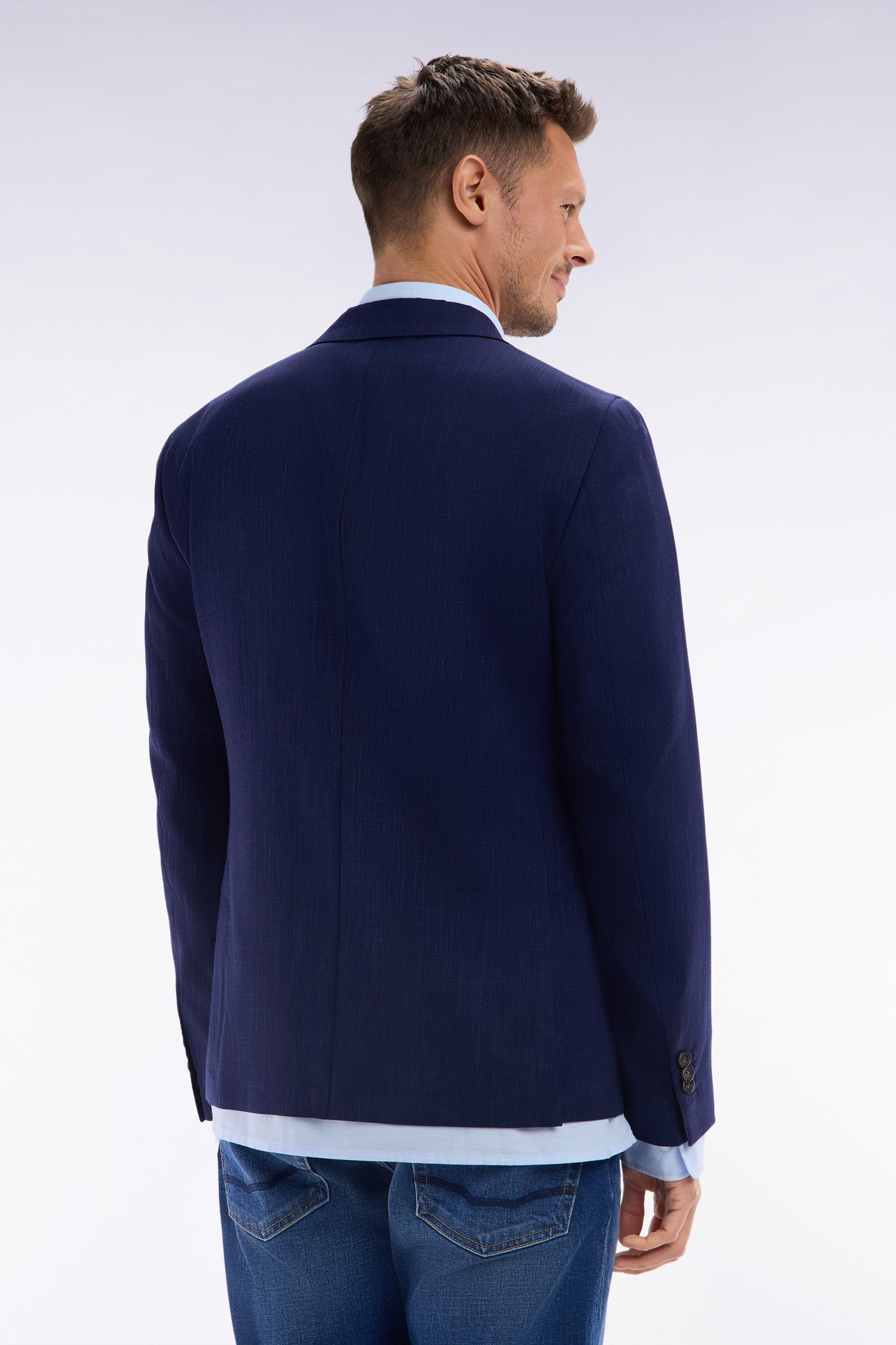 Navy jacket in wool and stretch linen dyed yarn