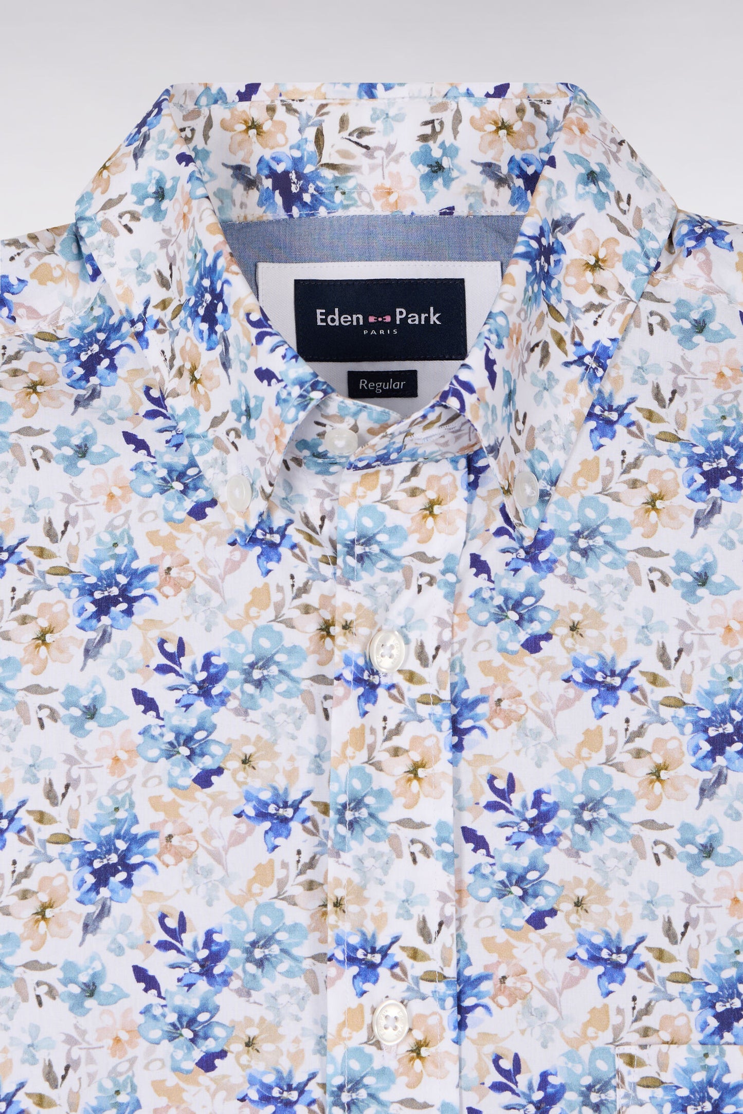 Chemise à manches courtes en popeline et chambray à motif floral bleu