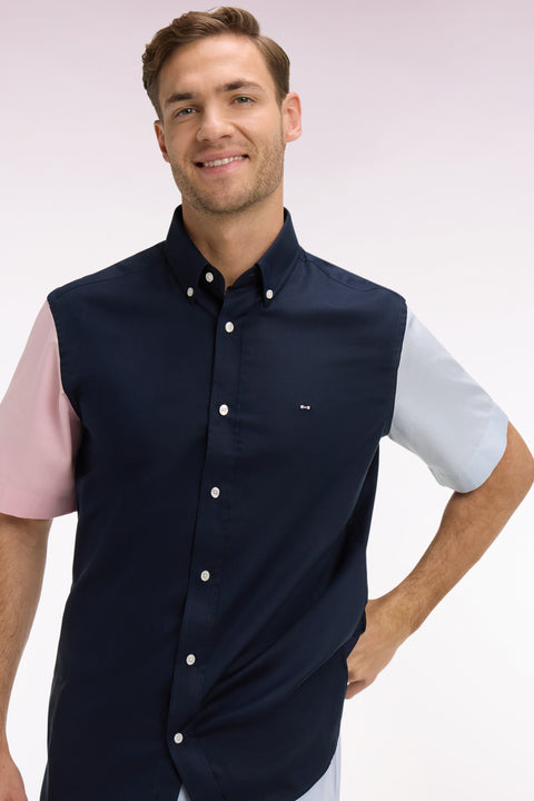 Chemise à manches courtes en coton marine manches bicolores - Image 1