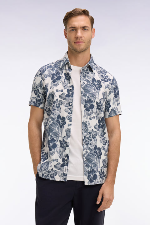 Chemise à manches courtes en piqué coton à motif floral marine coupe slim - Image 3
