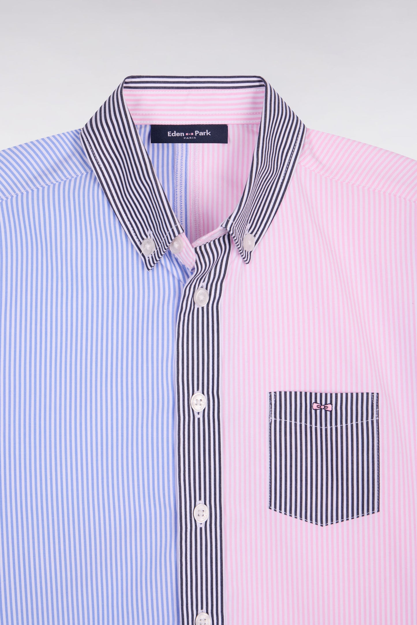 Short-sleeved shirt in pink and sky striped cotton