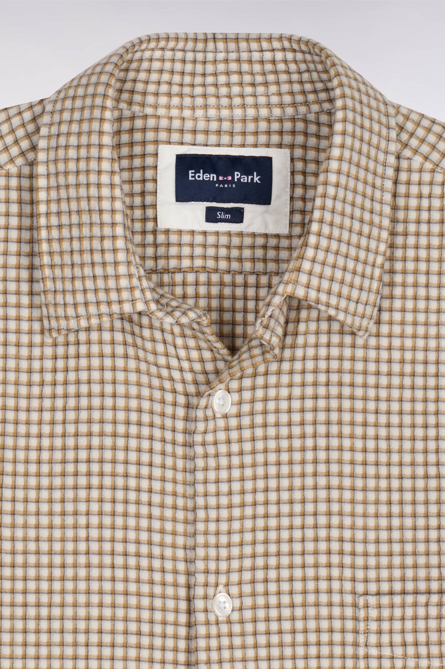 Chemise à manches courtes en coton seersucker à carreaux beige coupe slim