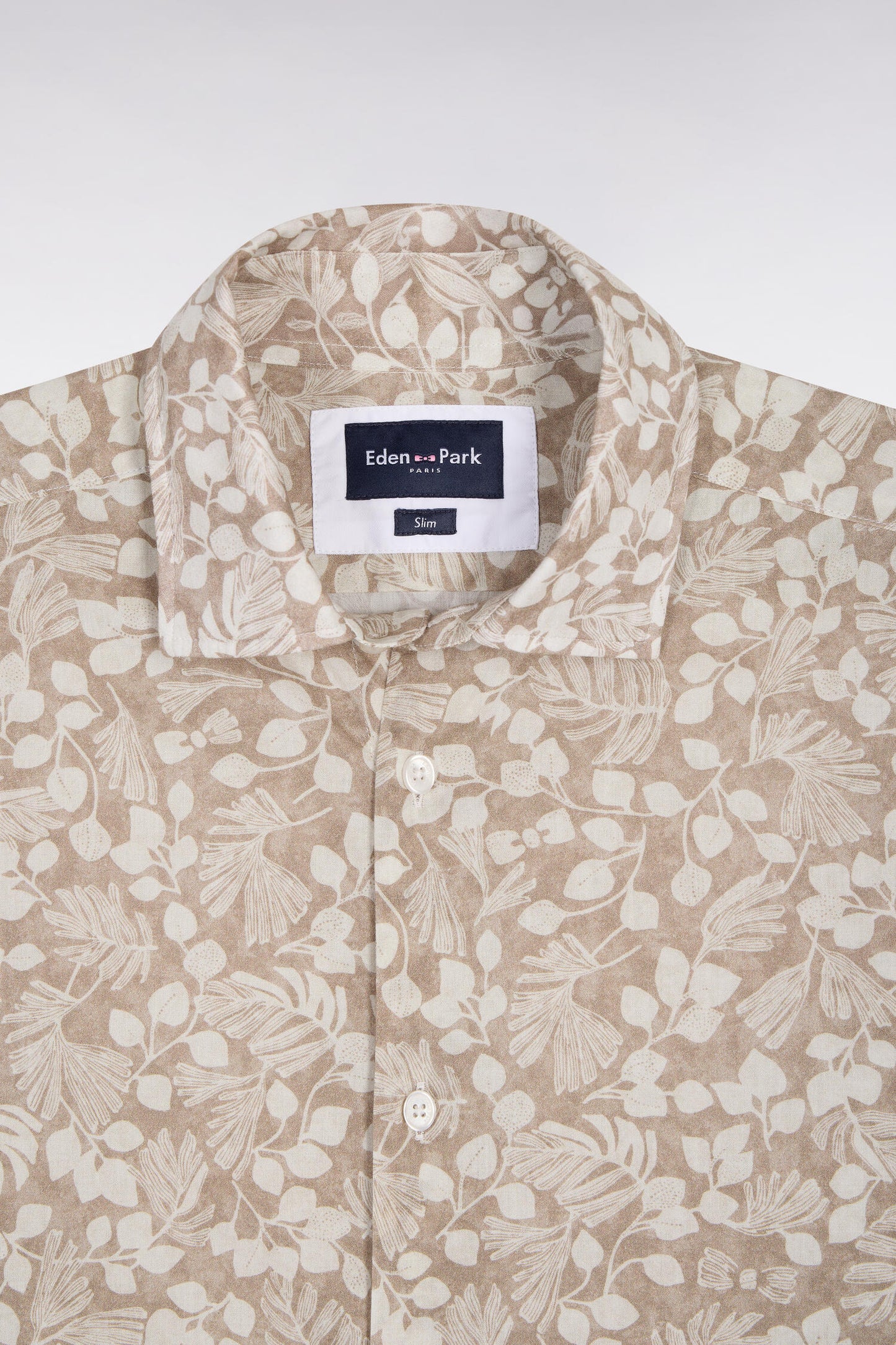 Beige cotton poplin shirt with plant micro-patterns, slim fit