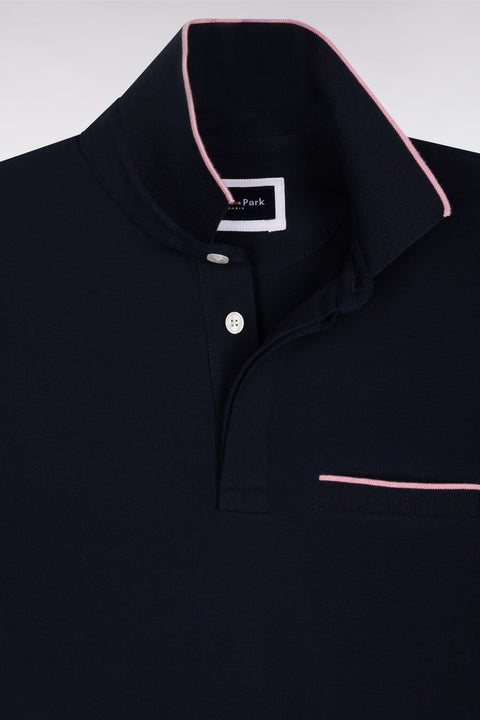 Short-sleeved polo shirt in navy stretch cotton pique slim fit - Image 2