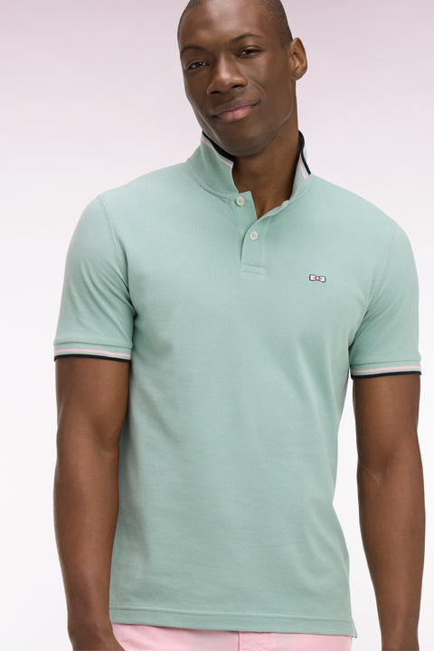 Polo à manches courtes en coton vert d'eau détails rayés coupe regular - Image 1