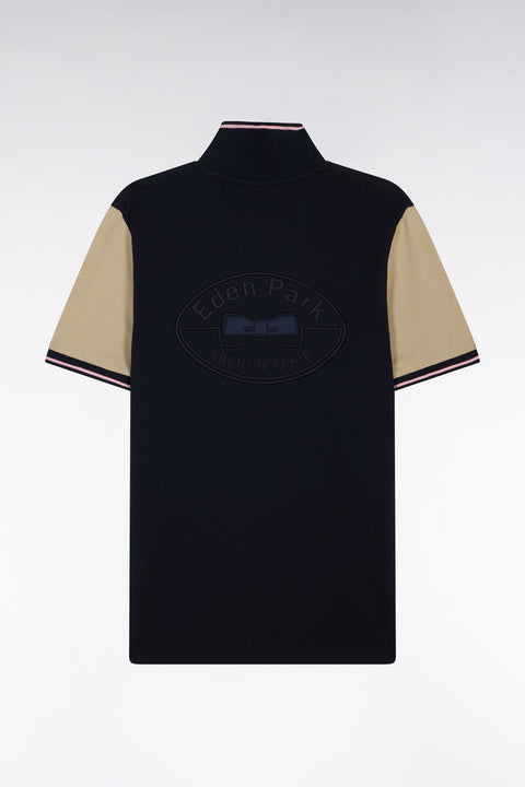 Polo à manches courtes en coton marine et beige - Image 2