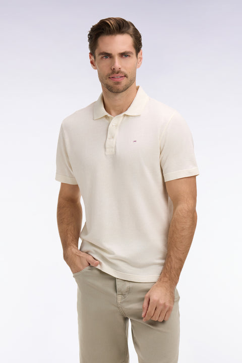 Regular fit short sleeve polo shirt in ivory Oxford - Image 3