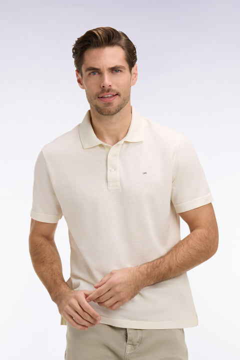 Regular fit short sleeve polo shirt in ivory Oxford - Image 1