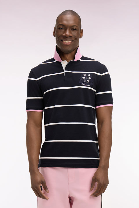 6 Nations short-sleeved polo shirt in navy striped cotton, regular fit - Image 3