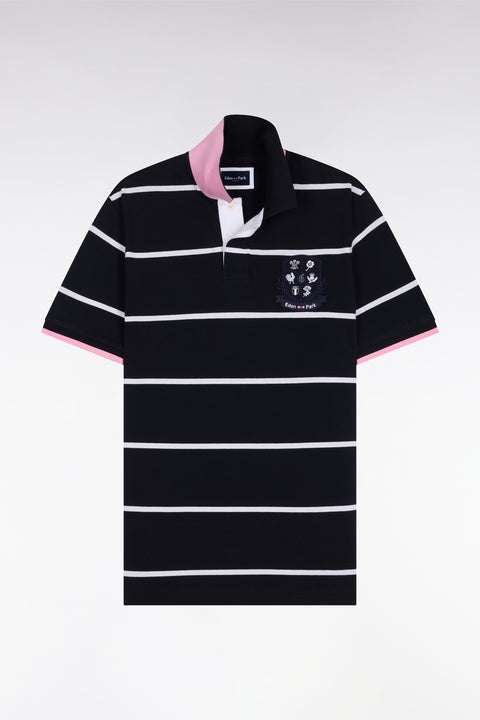 6 Nations short-sleeved polo shirt in navy striped cotton, regular fit - Image 2