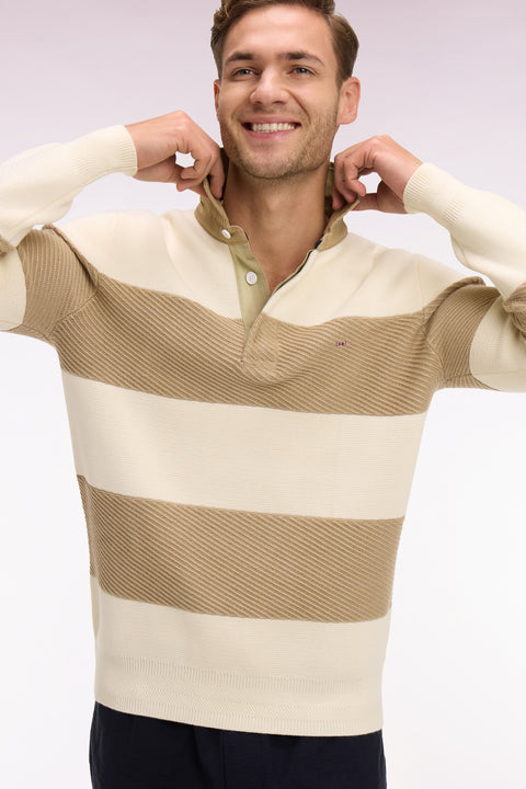 Pull col maillot rayé en coton écru et beige - Image 1