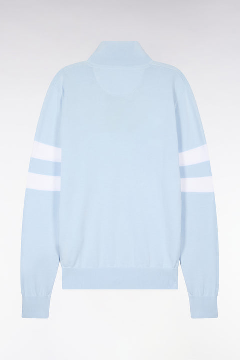 Sky blue cotton sweater with double striped sleeves - Image 2