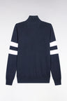 Navy cotton sweater with jersey collar and double-striped sleeves