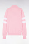 Pink cotton sweater with jersey collar and double striped sleeves