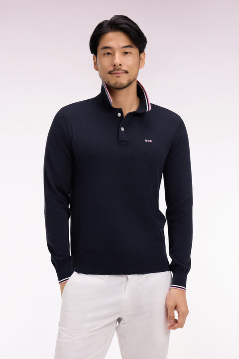 Pull col polo en coton marine à rayures fines - Image 3