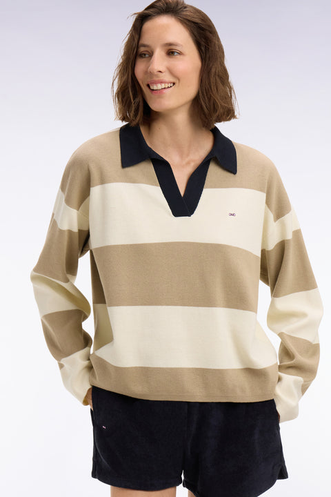 Pull col polo en coton rayé beige et écru coupe oversized - Image 1