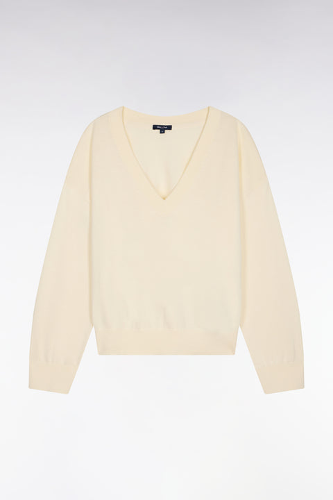 Pull-over à col V en coton écru coupe oversized - Image 2