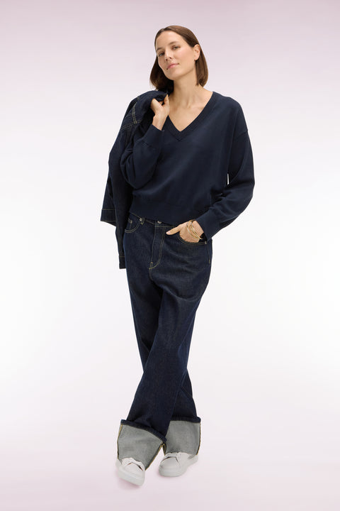 Pull-over à col V en coton marine coupe oversized - Image 1